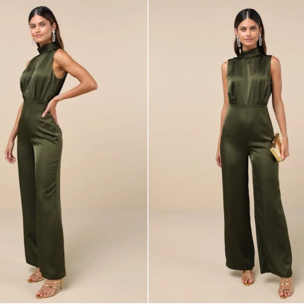 LULU's Wedding Formal Sexy Elegant Classy Chic Olive Green Satin Pantsuit - Picture 1 of 5